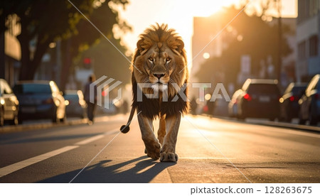 Lion Walking Through the City Street 128263675