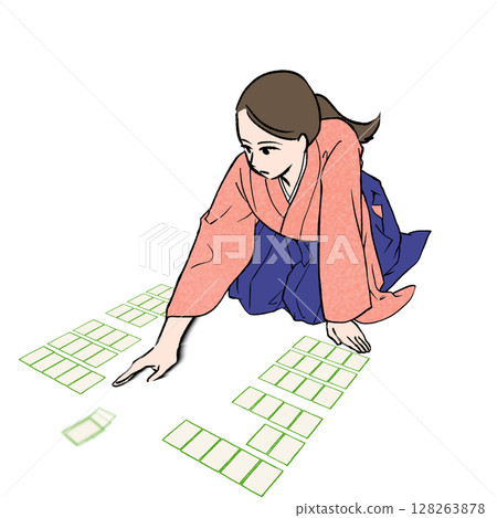 Illustration material of a woman wearing a hakama playing karuta with Hyakunin Isshu Illustration material of a woman wearing a hakama playing karuta with Hyakunin Isshu 128263878