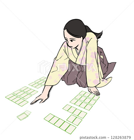 穿著袴的女人與百人一州玩卡魯塔的插畫素材 128263879
