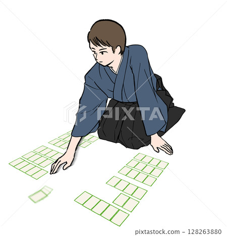 穿著袴的男子在百人一秀打歌牌的插畫素材 128263880
