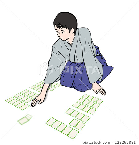 Illustration material of a man wearing a hakama playing karuta at Hyakunin Isshu Illustration material of a man wearing a hakama playing karuta at Hyakunin Isshu 128263881