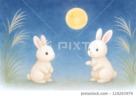 水彩月夜兔子和紫芒橫幅 128263979