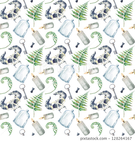 Seamless pattern with hand-drawn elements on a white background. A creepy skull with horns, lighted candles, fern leaves, a rusty key, a keyhole and a glass dome. Watercolor illustration. Seamless 128264167