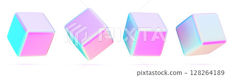 3d holographic y2k cube set. Abstract geometric block shape with bright neon chrome gradient. Pearlescent square box in metal pink blue colors, graphic elements, isolated render icon. 3D illustration 128264189