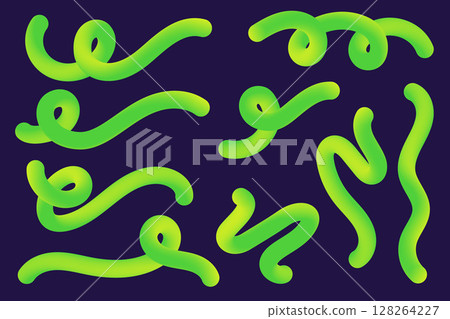 3d green gradient lines. Abstract wavy and squiggle vector organic shape on dark background. Swirl dynamic trendy elements set with neon gradation. Holographic vibrant color. 128264227