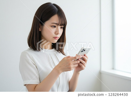 A Japanese woman operating a smartphone (white background, for cutting out) 128264430