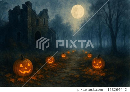 Pumpkin road lit up on a full moon night 128264442