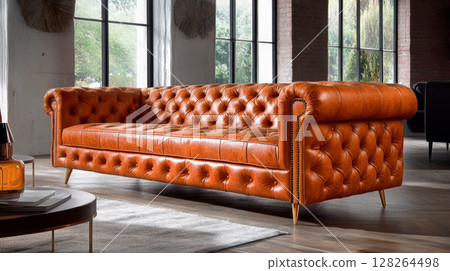 Classic brown leather Chesterfield sofa in a modern living space. Classic brown leather Chesterfield sofa in a modern living space. 128264498