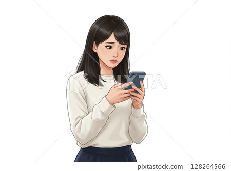 A Japanese woman looking at her smartphone screen with a confused expression (white background, for cutting out) 128264566