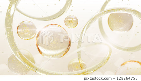 3d gold liquid cosmetic skin care background. Oil drops texture with bubbles, waves and splashes. Yellow transparent serum, collagen gel, hyaluronic acid or vitamin essence render. 3D illustration 3d gold liquid cosmetic skin care background. Oil drops texture with bubbles, waves and splashes. Yellow transparent serum, collagen gel, hyaluronic acid or vitamin essence render. 3D illustration 128264755