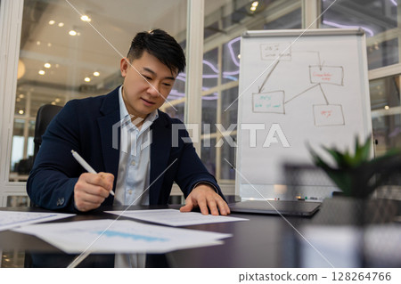 Young asian manager working on a new project and looking busy 128264766