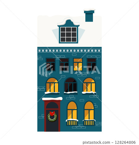 Charming Winter House with a Snowy Roof and Beautifully Illuminated Windows at Night Charming Winter House with a Snowy Roof and Beautifully Illuminated Windows at Night 128264806