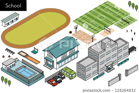 一組用於學校建築、操場和體育設施的簡單線條等距插圖 一組用於學校建築、操場和體育設施的簡單線條等距插圖 128264832