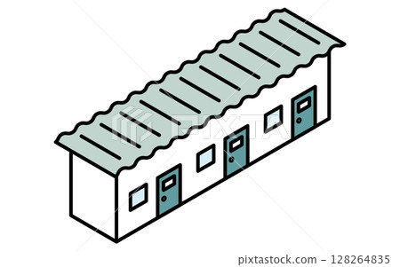 臨時住房和更衣室等預製小屋的簡單線條等距圖示 128264835