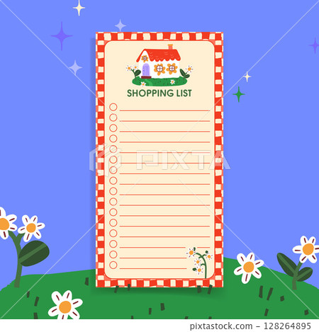 A shopping list template decorated with wildflowers and a cute house in bright colors. A shopping list template decorated with wildflowers and a cute house in bright colors. 128264895