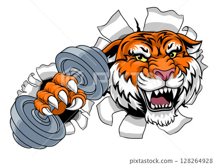 Tiger Weight Lifting Dumbbell Gym Animal Mascot 128264928