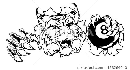 Wildcat Angry Pool 8 Ball Billiards Mascot Cartoon 128264940