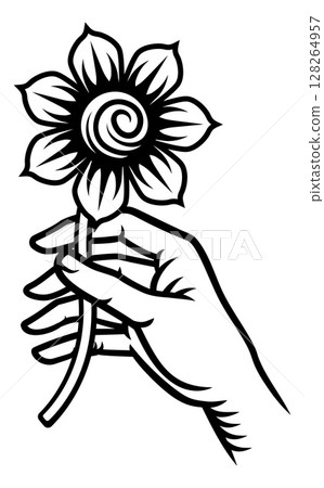 Hand Holding Flower Vintage Woodcut Tattoo Style 128264957