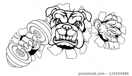 Bulldog Dog Weight Lifting Dumbbell Gym Mascot 128264966