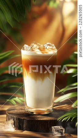 Iced Coffee with Swirling Cream in Sunlit Tropical Setting 128265005