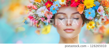 Dreamy Portrait of a Woman with a Colorful Floral Crown 128265010