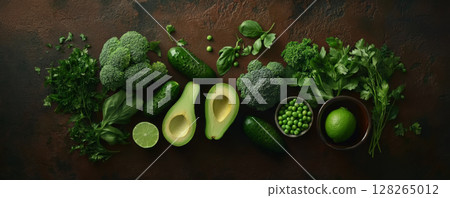 Dark Moody Flat Lay of Green Vegetables and Limes 128265012