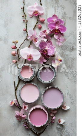 Soft Pink Paint Cans with Orchids on Fabric 128265022