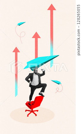 Pop-art collage. Businessman on red chair holding paper plane with upwards arrows 128265055