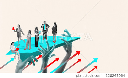Cutout art. Group of businesspeople standing on paper plane held by hands Cutout art. Group of businesspeople standing on paper plane held by hands 128265064