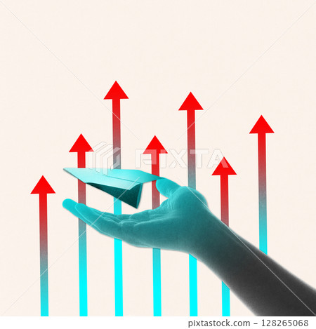 Digital collage. Hand launching paper plane with arrows pointing upward Digital collage. Hand launching paper plane with arrows pointing upward 128265068