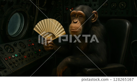 A chimpanzee in a submarine?! A rare and stylish scene with a fan 128265167