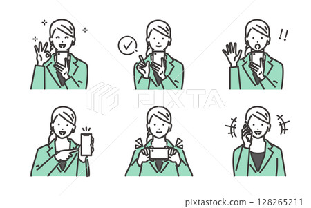 Various facial expressions set of a young business woman operating a smartphone 128265211