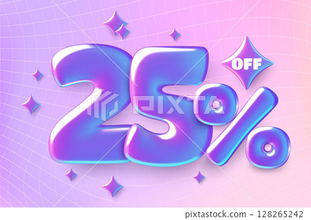 25 percent off sale design with purple metallic iridescent number twenty five on gradient background 128265242
