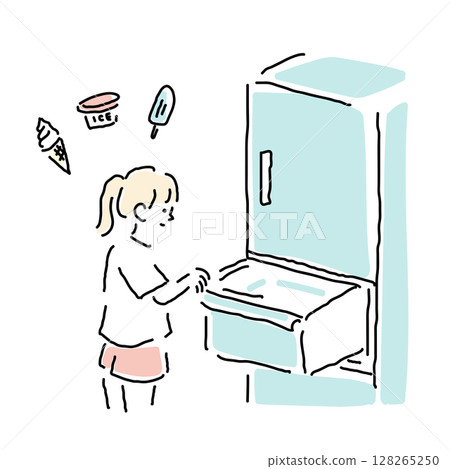 Summer image illustration of a girl choosing ice cream from the freezer (Japanese elementary school student) 128265250