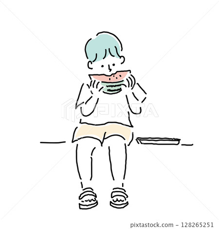 Summer image illustration of a boy eating watermelon (elementary school student, hand-drawn) Summer image illustration of a boy eating watermelon (elementary school student, hand-drawn) 128265251