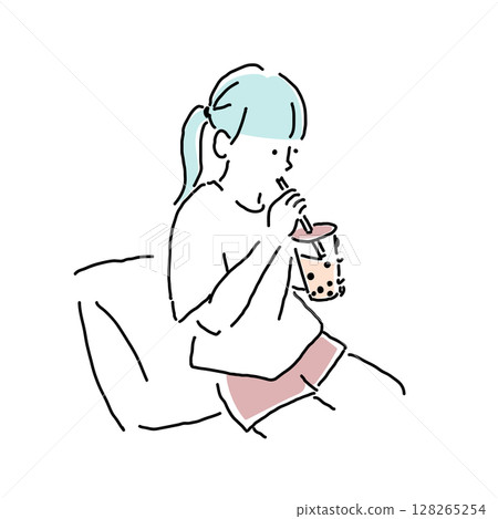 喝木薯奶茶的女孩的插圖(小學生,夏日場景) 喝木薯奶茶的女孩的插圖(小學生,夏日場景) 128265254