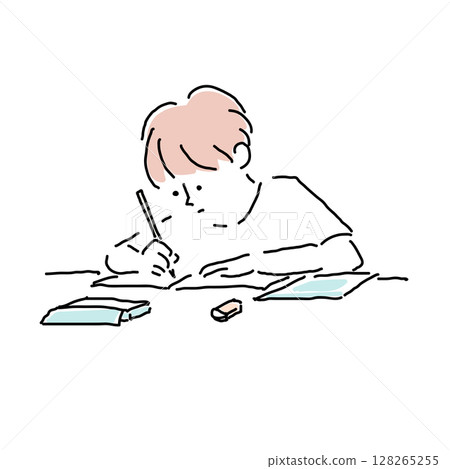 Illustration of a boy working on his homework (elementary school student, summer vacation, hand-drawn) Illustration of a boy working on his homework (elementary school student, summer vacation, hand-drawn) 128265255