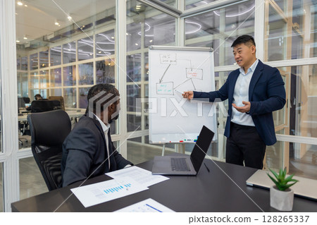 Two business men discussing the project details and looking involved Two business men discussing the project details and looking involved 128265337