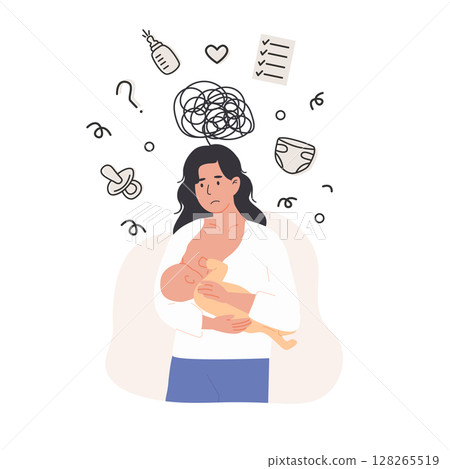 Overwhelmed new mother facing multiple responsibilities and mental load during postpartum recovery. Flat Style Vector Illustration for maternal wellness, parenting blogs and perinatal support services 128265519
