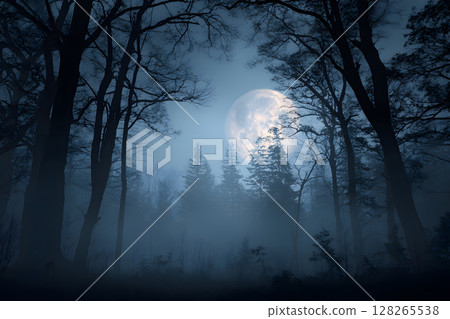 Atmospheric Halloween background with moonlight and misty trees. Ideal for posters, party flyers, or horror-themed designs. Atmospheric Halloween background with moonlight and misty trees. Ideal for posters, party flyers, or horror-themed designs. 128265538