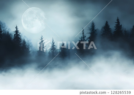 Atmospheric Halloween background with moonlight and misty trees. Ideal for posters, party flyers, or horror-themed designs. Atmospheric Halloween background with moonlight and misty trees. Ideal for posters, party flyers, or horror-themed designs. 128265539