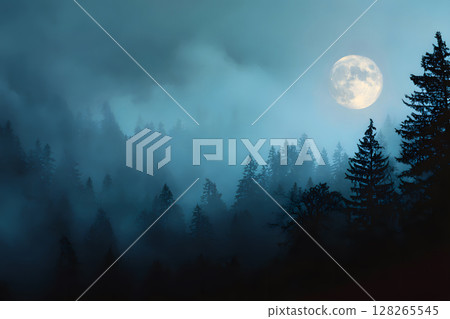 Atmospheric Halloween background with moonlight and misty trees. Ideal for posters, party flyers, or horror-themed designs. 128265545