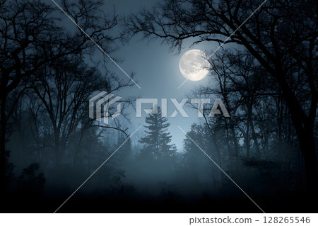 Atmospheric Halloween background with moonlight and misty trees. Ideal for posters, party flyers, or horror-themed designs. 128265546
