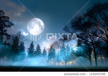 Atmospheric Halloween background with moonlight and misty trees. Ideal for posters, party flyers, or horror-themed designs. 128265590