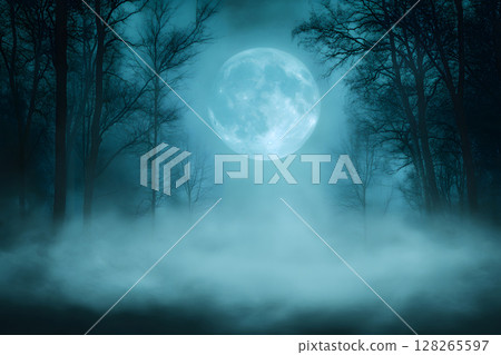 Atmospheric Halloween background with moonlight and misty trees. Ideal for posters, party flyers, or horror-themed designs. 128265597