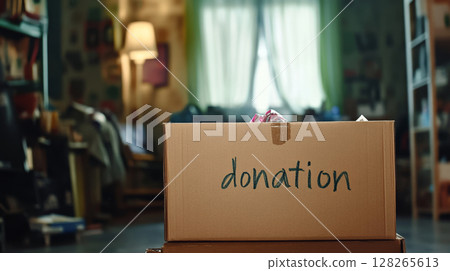 Cardboard Donation Box in Cozy Home Interior 128265613