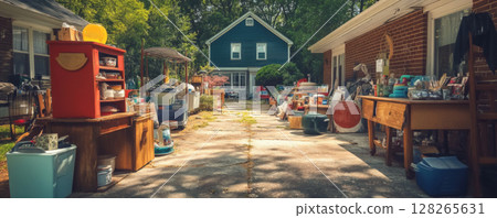 Vintage Items Displayed at Garage Sale Outdoors 128265631