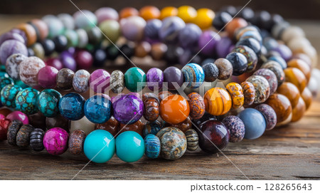 Close-up of Colorful Gemstone Bead Bracelets Close-up of Colorful Gemstone Bead Bracelets 128265643