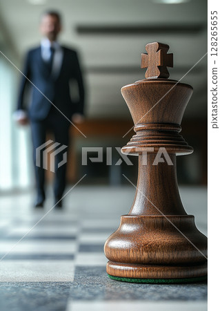 Chess King Piece with Blurred Businessman in Background 128265655