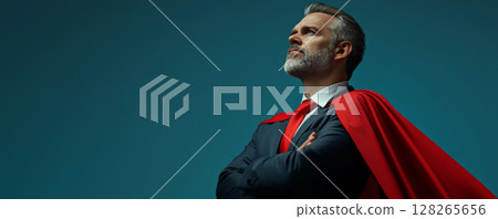 Confident Executive in Red Cape Staring into Distance 128265656